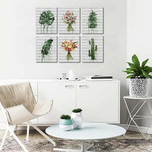 Botanical Canvas Wall Art 6 Panels Flower and Leaf Pictures Vintage Style Posters Canvas Prints Framed Art Hanging in The Bedroom Bathroom Living Room Dinning Room Office Fireplace Kitchen Murals - color: Flower-04