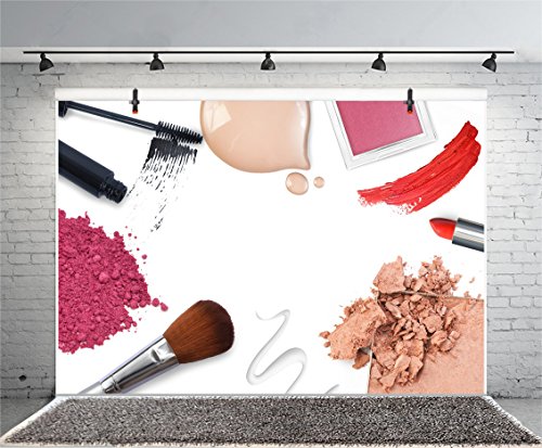 AOFOTO 7x5ft Fashion Makeup Set Backdrop Trendy Girl Beauty Photography Background Cosmetics Blogger Live Video Banner Powder Brush Lipstick Eyeshadow Skincare Tools Photo Studio Props Vinyl Wallpaper - size: 7x5ft