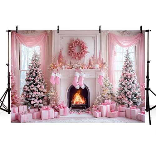 AIBIIN 7x5ft Pink Christmas Backdrop Pink Christmas Tree Fireplace Photography Background Winter Snow Scene Birthday Baby Shower Vinyl Photo Studio Props - color: Fireplace, size: 7x5ft