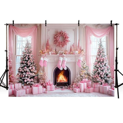 AIBIIN 8x6ft Pink Christmas Backdrop Pink Christmas Tree Fireplace Photography Background Winter Snow Scene Birthday Baby Shower Vinyl Photo Studio Props - color: Fireplace, size: 8x6ft