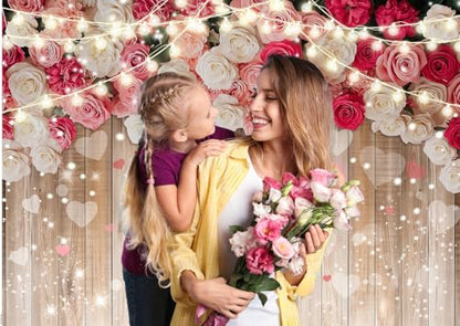 7x5ft Rustic Floral Wooden Wall Backdrop Wall for Women Family Photography Background Rose Flower Wooden Party Decoration for Birthday, Wedding, Baby Showers Valentine’s Day Photo Booth Props - size: 7x5ft