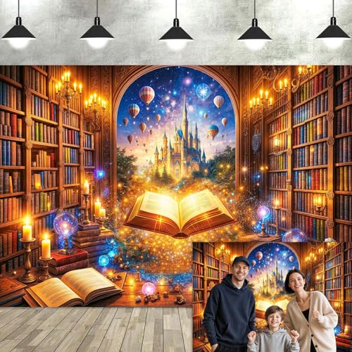 6X4ft Magic Library Castle Photography Backdrop, Fantasy Bookstore with Floating Books Hot Air Balloons Starry Sky, Enchanted Fairytale Decor for Book Lovers Reading Birthday Party Photo Booth - color: Multi8, size: 6x4ft