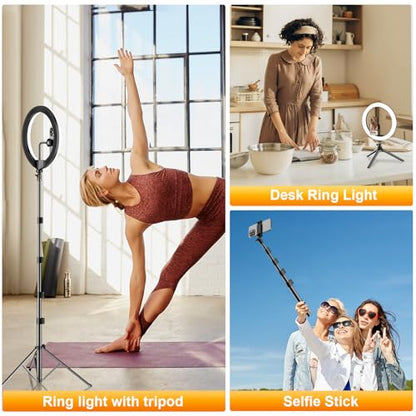 12" Selfie Ring Light with 73" Extendable Tripod Stand: PEYOU Desk Selfie Lights 38 Color Modes, Upgrade 3 in 1 Dimmable Adjustable Speed Ring Light for Makeup/TIK Tok/YouTube - size: 73 inch