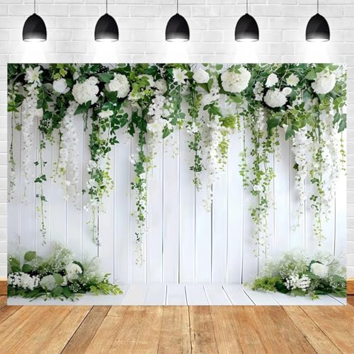 5x4ft White Flower Backdrop Green Leaves Wedding Bridal Shower Photography Background Floral Rustic Wood Wall Birthday Party Banner Decorations Reception Ceremony Portrait Photo Booth Prop - color: color 3, size: 5x4ft