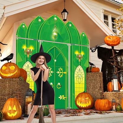 4PCS Green Castle Door Cover Party Decorations Green Castle Photography Background Fairytale Wonderland Door Hanging Porch Sign Banner for Birthday Princess Halloween Holiday Photo Prop Party Decor