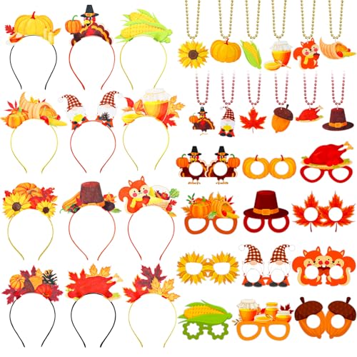 36 Pcs Thanksgiving Party Favors Set Thanksgiving Fall Headband Eyeglasses Beaded Necklaces Felt Pumpkin Turkey Costume Accessories for Party Photo Props Decoration - style: Thanksgiving
