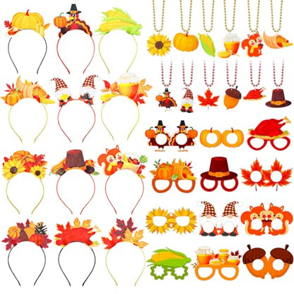 36 Pcs Thanksgiving Party Favors Set Thanksgiving Fall Headband Eyeglasses Beaded Necklaces Felt Pumpkin Turkey Costume Accessories for Party Photo Props Decoration - style: Thanksgiving