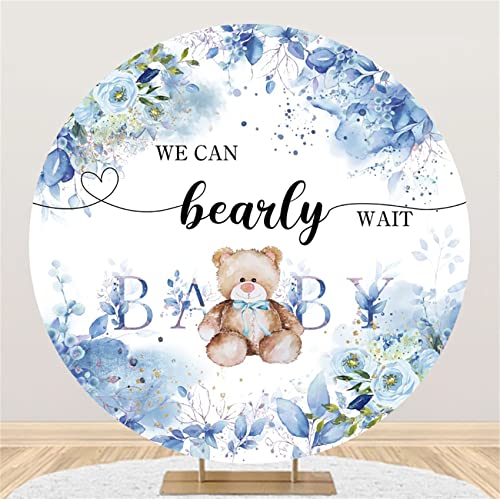 Baby Shower Party Round Backdrop Cover 7.2x7.2ft Polyester We Can Bearly Wait Baby Photography Background Doll Bear Watercolor Blue Floral Leaves Kids Boys Portrait Cake Table Photo Booth Props - color: Blue02, size: 7.2x7.2ft-Diameter