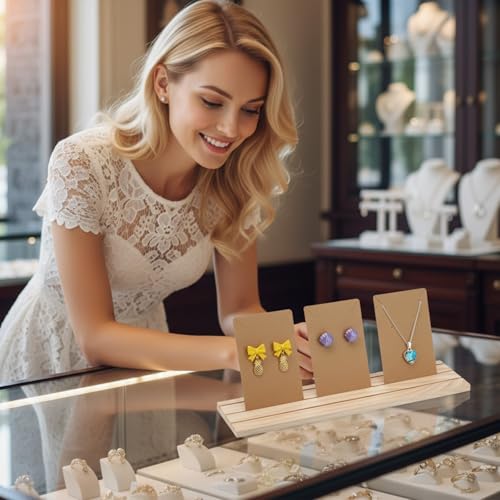 Wooden Earring Display Stand, 3 Slot Jewelry Organizer Holder, Business Card Craft Show Tray, Portable Tabletop Ring Earrings Cards Display, 15.55x3.15inch