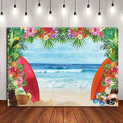 8x6FT Summer Tropical Beach Theme Photo Background Fabric Beach Conch Hawaii Blue Sea Flower Children Birthday Luau Party Photography Backdrop Kids Baby Shower Cake Table Decor Studio Shoot Props - size: 8X6 FT