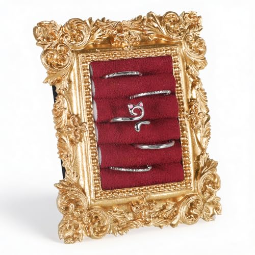 Vintage Gold Ring Holder Square Ring Display Stand Baroque Rings Jewelry Display Box Suede Lined Earring Tray Organizer Holder Women Engagement Wedding Decor Photography Prop Christmas Birthday Gift