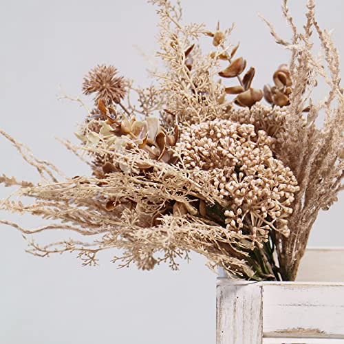 2 Pack Boho Artificial Flowers Plants Bouquet Decoration 13.8inch, Fake Plastic Brown Eucalyptus and Beige Grasses, Faux Floral Arrangement for Wedding Centerpieces Party Home Fall Decor