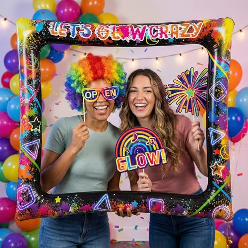 Glow Neon Inflatable Photo Frame & Props, 30Pcs Neon Photo Booth Props with Let's Glow Crazy Inflatable Selfie Picture Frame for Neons Disco Black Light Party Supplies - color: Let's Glow