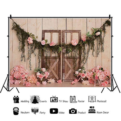 Haoyiyi 10x6.5ft Wedding Backdrop Rustic Pink Rose Flowers Wood Door Floor Board Photography Background Bridal Shower Mother's Day Valentine Anniversary Bride Girl Artistic Portrait Photo Studio Props