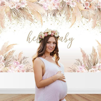 Mocsicka 7x5ft Boho Baby Shower Backdrop Hello Baby Boy Girl Shower Backdrop Decorations Party Banner Pampas Grass Boho Chic Pink Flowers Background Decorations Photo Booth Props - size: 7x5ft