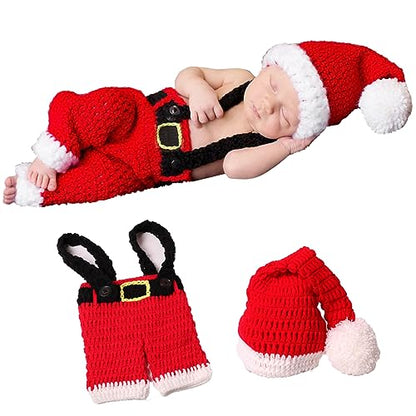 AIXIANG Hand-Knit Newborn Christmas Photo Prop Set - Santa Hat & Overalls (Fits 0-2 Months/Up to 12 lbs) - Stretchy Knit for Baby's First Christmas Pictures