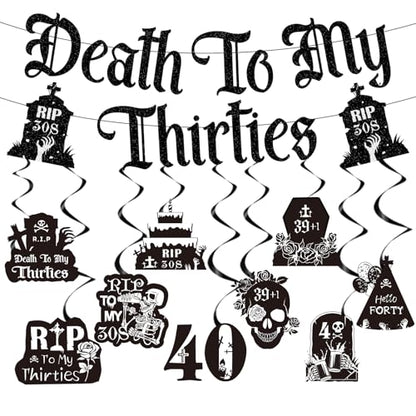 Black Glittery 40th Birthday Decorations for Him Her, Death to My 30s Banners Birthday Decoration, Funeral Rip to My Thirties Hanging Swirls Decor Supplies Women Men - style: Death to My 30s