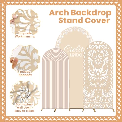 3 Pcs Mexican Arch Backdrop Cover 4Ft 5Ft 6Ft Beige Backdrop Double-Sided Arch Stand Covers Photo Background for Talavera Baby Shower Wedding Birthday Fiesta Party Decoration