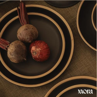 MORA Medium Plates Set of 4, 8.5 inch Ceramic Pottery Salad Plates - Microwave, Oven and Dishwasher Safe - Liquorice - color: Liquorice