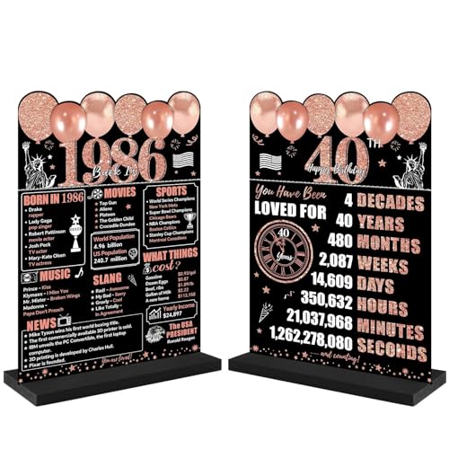 Guiruiy Rose Gold 40th Birthday Decorations for Women, Two-Sided Vintage 40 Back in 1986 Theme Poster Wooden Table Sign with Stand, Forty Years Old Bday Centerpieces Display Holder for Table Decor - style: Rose Gold 40th
