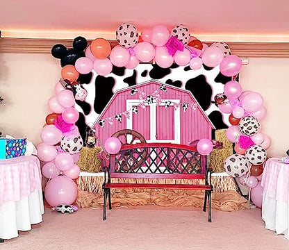 7x5ft Cowgirl Backdrop Cow Print Backdrops Pink Barn Background Straw Barn Door Wood Background Western Country Farm Women Birthday Party Photo Booth Prop - size: 210x150cm(WxL)