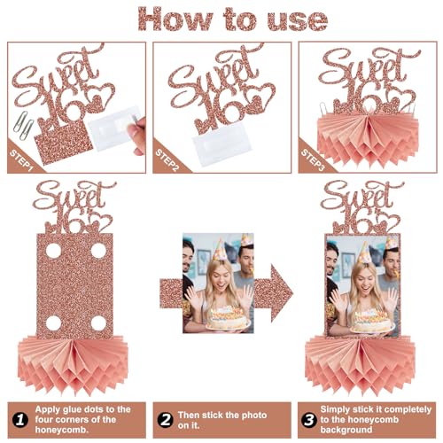 Guiruiy 8Pcs Happy 16th Birthday Decorations Honeycomb Centerpieces for Girls, Pink Rose Gold Glitter Sweet 16 Birthday Photo Table Centerpieces Party Supplies, Pink Sixteen Bday Photo Table Topper - style: Rose Gold 16th
