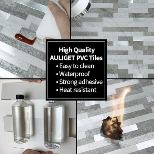 AULIGET 2 Sheets Faux Stone Peel and Stick Backsplash, Grey Slate Look PVC Wall Tile Stick on Backsplash for Kitchen and Bathroom - color: Grey Slate + Metal Silver, size: 2 Sheets, 6"x12"x0.12"