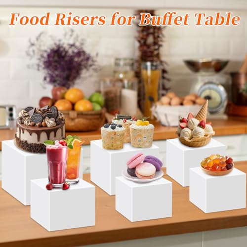 Draupnir 6 Pcs Food Risers for Display Party Included Mini Sign and Makers, 5 Sizes Hollow Acrylic Buffet Risers with Bottoms, White Catering Dessert Jewelry Collectibles Boxes(4",4",5",6",7",8")