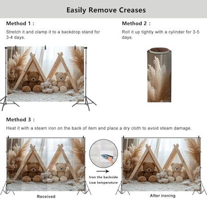 YongFoto Bear Theme Backdrop 5x3ft Tent Blanket Pampas Boho Photography Background Baby Shower Cradle Ceremony Kid Birthday Party Banner Baby Portraits Photoshoot Wallpaper Photo Studio Booth Prop - color: Style 1, size: 5ftx3ft