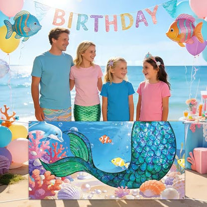 Mermaid Birthday Party Decorations Under the Sea Banner Backdrop Mermaid Tail Photography Background Ocean Theme Photo Props for Summer Girls Princess Birthday Indoor Outdoor Party Decoration Supplies