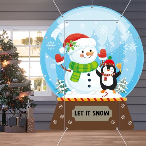 Winter Snow Globe Porch Sign Banners Snowflake Ball Photography Backdrop Snowman Penguin Hanging Banners Backdrop Christmas Party Photo Props for Home Xmas Holiday Party Decors Supplies