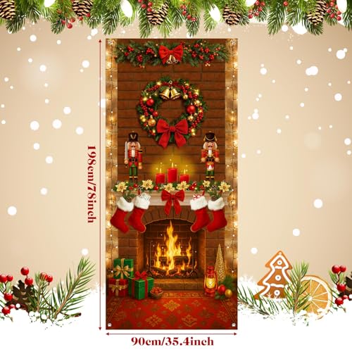 Buryeah Christmas Door Cover Decoration Christmas Fireplace Door Cover Xmas Nutcracker Banner Backdrop Photo Booth Prop Background for Winter Xmas Holiday New Year Party 6.5 x 3 Feet(Warm) - style: Warm