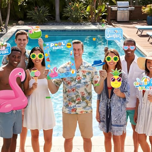 33Pcs Pool Party Photo Booth Props with Blue Frame, Summer Photo Booth Props for Hello Summer Pool Party Decorations, Hello Summer Beach Party Decorations