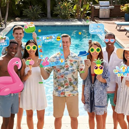 33Pcs Pool Party Photo Booth Props with Blue Frame, Summer Photo Booth Props for Hello Summer Pool Party Decorations, Hello Summer Beach Party Decorations