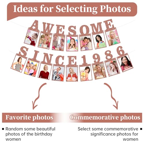 Pre-strung Awesome Since 1986 Photo Banner Birthday Decorations for Women- Pink Rose Gold Glitter 40th Birthday and Anniversary Decorations Party Supplies - style: Pink Rose Gold 40th