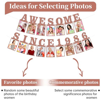 Pre-strung Awesome Since 1986 Photo Banner Birthday Decorations for Women- Pink Rose Gold Glitter 40th Birthday and Anniversary Decorations Party Supplies - style: Pink Rose Gold 40th