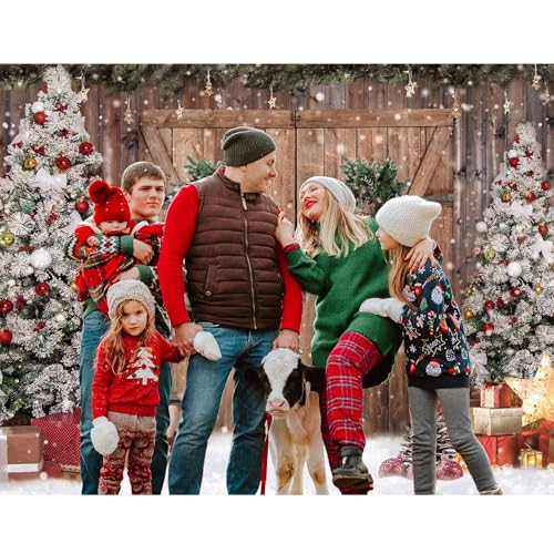 12x8FT Polyester Fabric Winter Christmas Rustic Barn Wood Door Photography Backdrop Xmas Tree Snow Background Banner for Family Holiday Party Decoration Supplies Photo Studio Props Pictures - size: 12'x8'