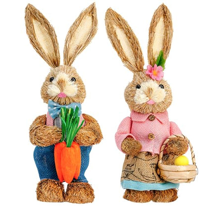 Easter Bunny Decor 13.38 in Standing Sisal Rabbit Figurine Handmade Easter Straw Mr. Bunny Statues Spring Straw Bunny Cute Photo Props Gifts for Farmhouse Spring Home Porch Decor Easter Table Decor