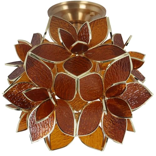 Bieye L11014 Flower Petals Tiffany Style Stained Glass Close to Ceiling Light for Home Decor (Textured Amber, 12" Rose Lily) - color: Textured Amber, size: 12" Rose Lily