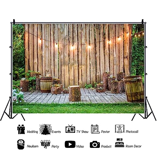 Wooden Wall Backdrop for Wedding Ceremony 7x5ft Rustic Planks Log Green Grassland Engagement Photography Background Holiday Party Activity Event Festival Decorations Photo Booth Studio - size: 7x5ft