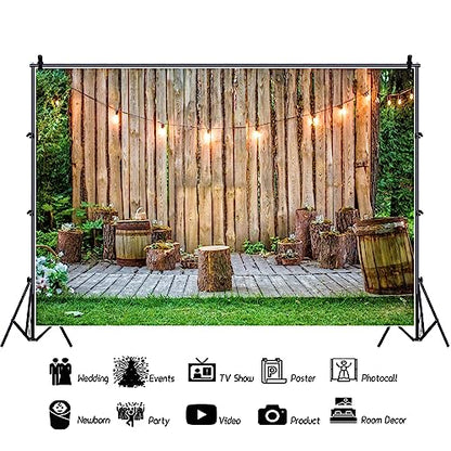 Wooden Wall Backdrop for Wedding Ceremony 10x8ft Rustic Planks Log Green Grassland Engagement Photography Background Holiday Party Activity Event Festival Decorations Photo Booth Studio - size: 10x8ft