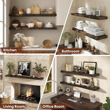 Floating Shelves Set of 2, Solid Elm Wood Wall Shelves 32 Inch - Invisible Bracket Mount for Living Room, Bedroom, Kitchen, Bathroom - Natural - color: Dark Brown, size: 32"L, 2-Pack