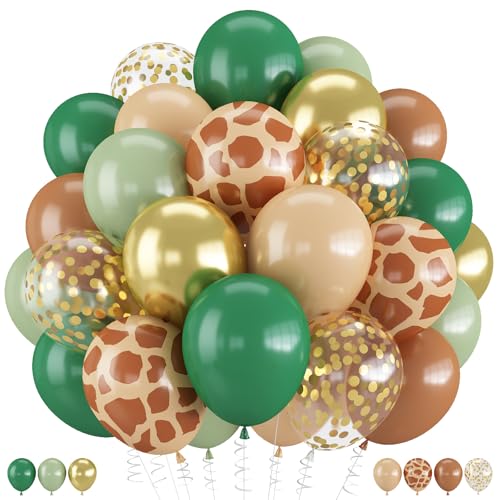 Sage Green Brown Balloons, 60 Packs 12 inch Olive Green Gold Safari Balloons with Animal Print Balloons for Wild One Jungle Baby Shower Boys Hunting Tropical Woodland Birthday Party - color: Green Brown Gold