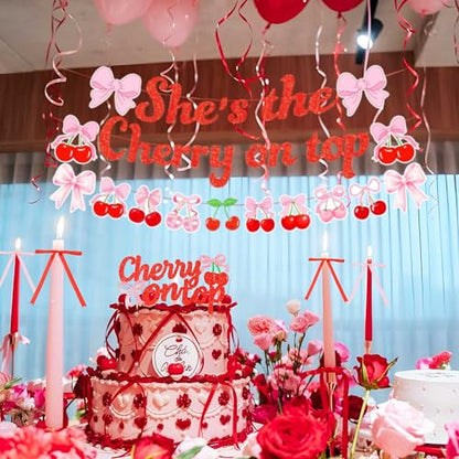 She's The Cherry on Top Baby Shower Backdrop Balloons for Girl Cherry Theme Coquette Bridal Shower Decorations Bow Party Decor Bride to Be Engagement Party Decor Birthday Props