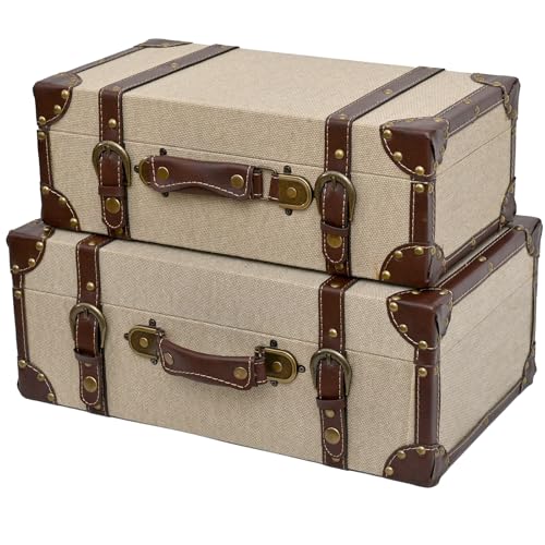 DDECOR4SEASON Set of 2 Decorative Vintage Storage Trunks, Natural Canvas Wrapped Wood Keepsake Boxes with Faux Leather Trim and Antique Accents, Stackable Nesting Chests for Home Décor - color: Linen, size: 16.54" & 15" (Set of 2)