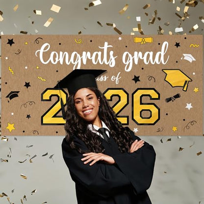 Feifeiya Kraft Paper Graduation Backdrop 2026-62" x 31" Large Brown Congrats Grad Banner Class of 2026 Black and Gold Grad Photography for Wall Graduation Party Classroom Decoration