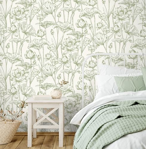 Vinjiasin Wallpaper Peel and Stick Green Floral Contact Paper Modern Lotus Wall Paper for Bedroom Bathroom Removable Self Adhesive Flower Leaf 17.3"x 197" - color: Green, size: 17.3" x 197"