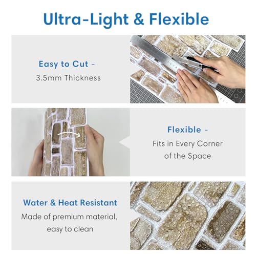 COMSTICKC 3D Faux Stone Peel and Stick Wall Panel, Faux Brick Wall Panels, 10 Pcs of 12"X12" Lightweight Thin PVC Rock Adhesive Fake Brick Backsplash Kitchen Living Room, Paintable - color: Brown - 01