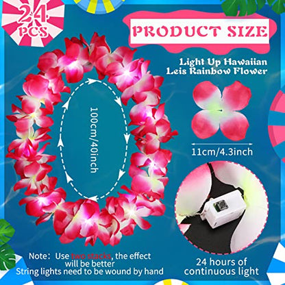 Sherr 24 Pcs LED Leis Light Up Wedding Hawaiian Leis Flower Necklace with LED Lights Beach Tropical Carnival Party Wedding Supplies Luau for Masquerade - color: Pink