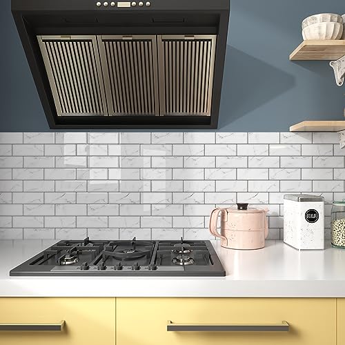 WESTICK Peel and Stick Backsplash Tile 10 Sheets Peel and Stick Subway Backsplash Grey Marble Back Splash Sticky Tiles Oil-Proof Tile Stickers Waterproof Wall Tiles for Kitchen Bathroom DIY 12”x12” - color: 2.Marble white